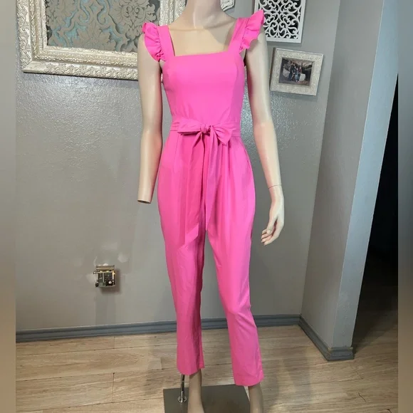 Lilly Pulitzer Women's Pink Ruffle-Shoulder Jumpsuit with Waist Tie - Picture 2 of 11